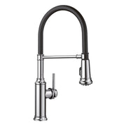 Chrome kitchen faucet with black rubber coil hose, single lever handle, and professional-style pulldown spray head.