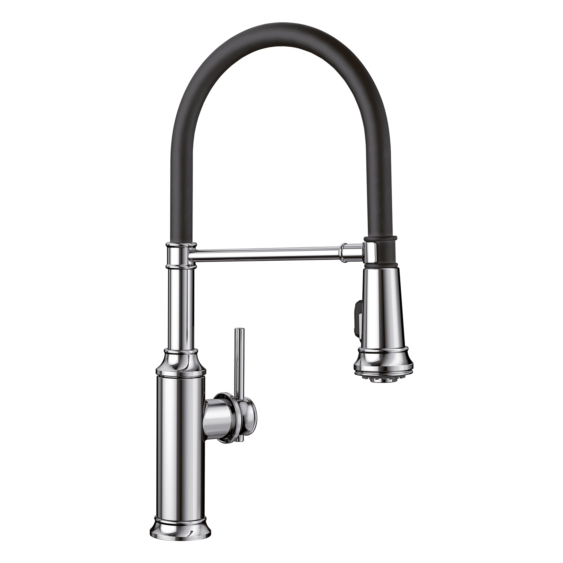 Chrome kitchen faucet with black rubber coil hose, single lever handle, and professional-style pulldown spray head.