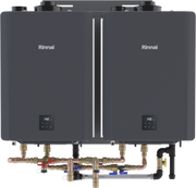 Two dark gray Rinnai tankless water heaters mounted side-by-side with digital controls and brass plumbing connections below.