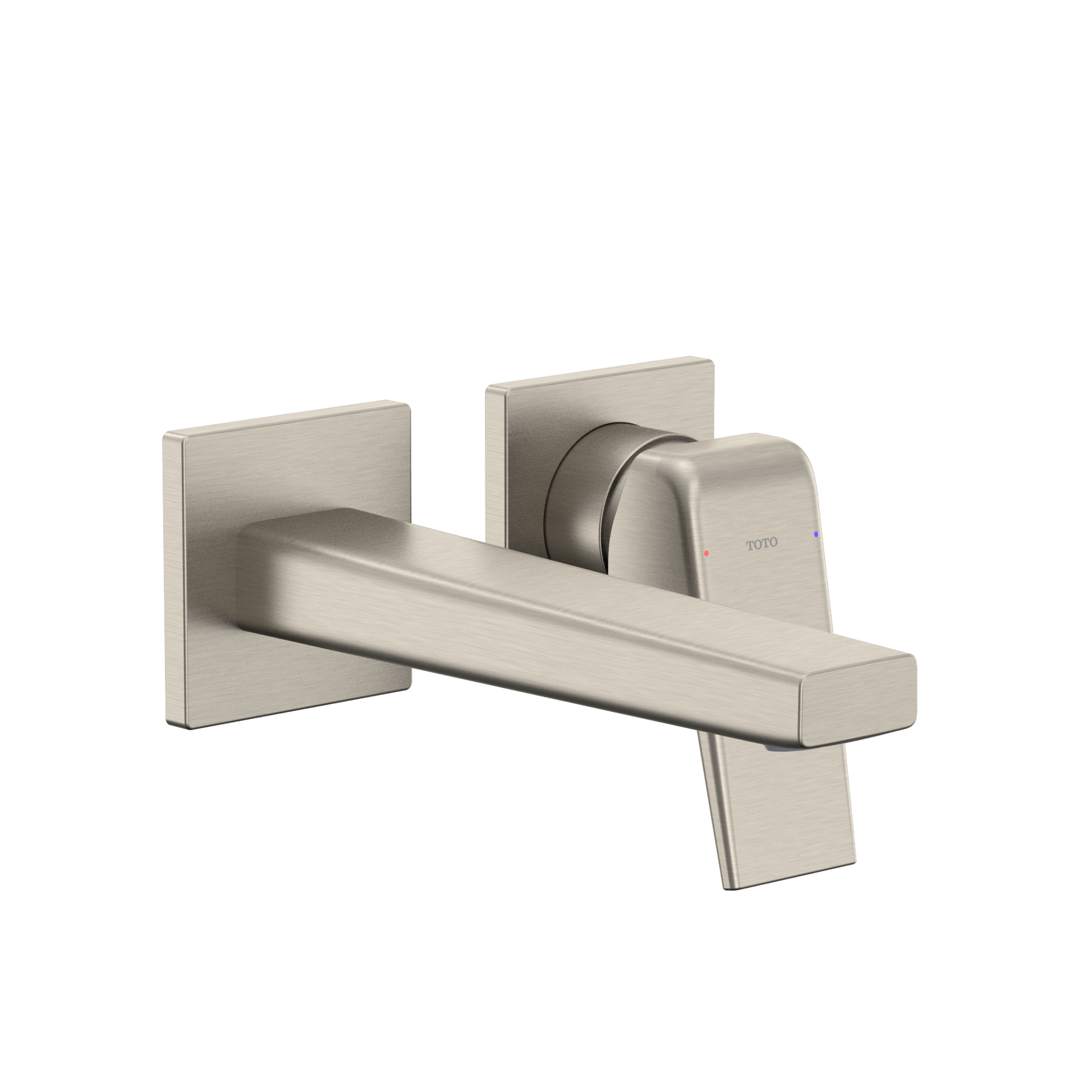 Brushed nickel wall-mount bathroom faucet with single lever handle and rectangular escutcheons.