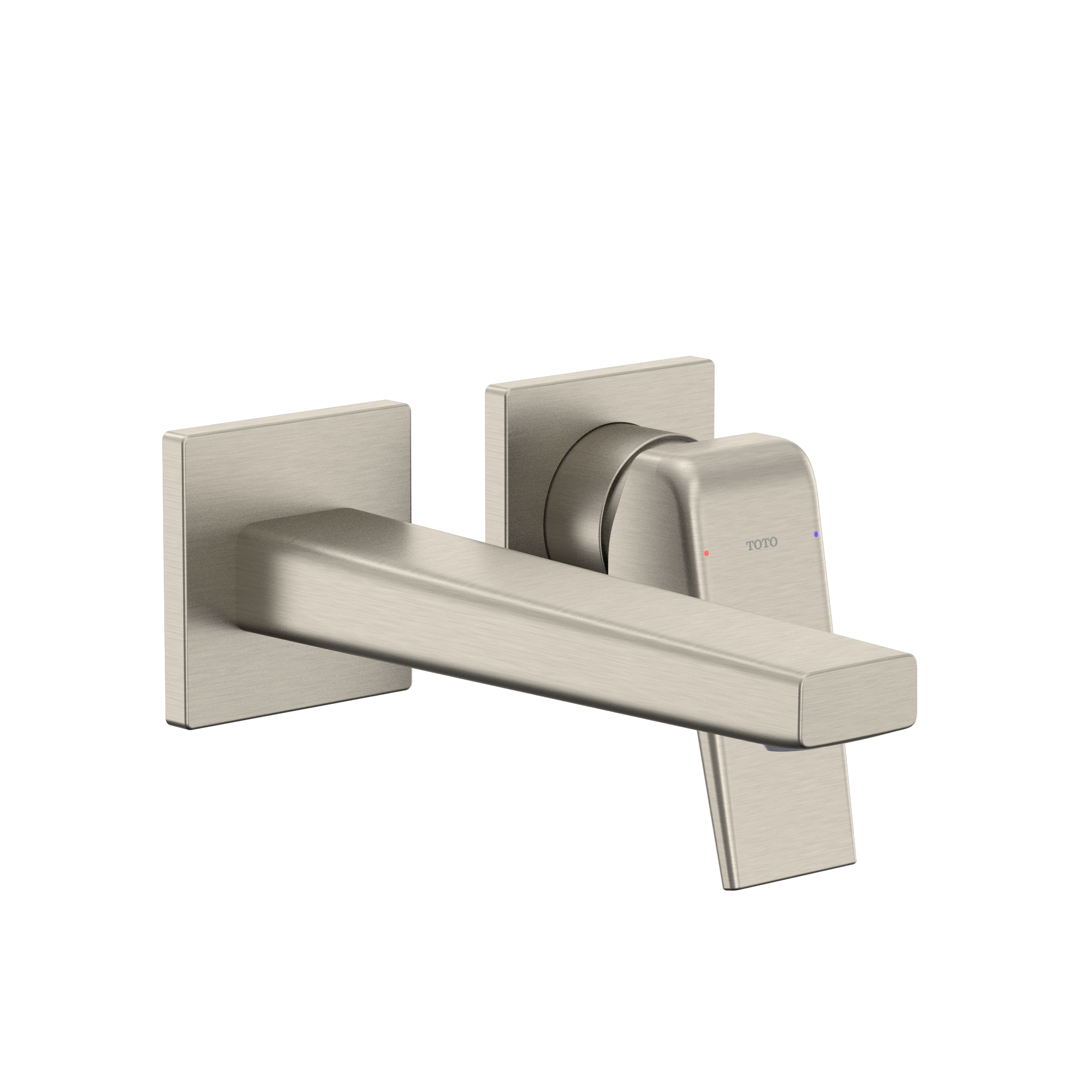 Brushed nickel wall-mount bathroom faucet with single lever handle and rectangular escutcheons.