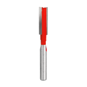 Freud double flute straight router bit with red plastic body and silver metal shaft and cutting head.