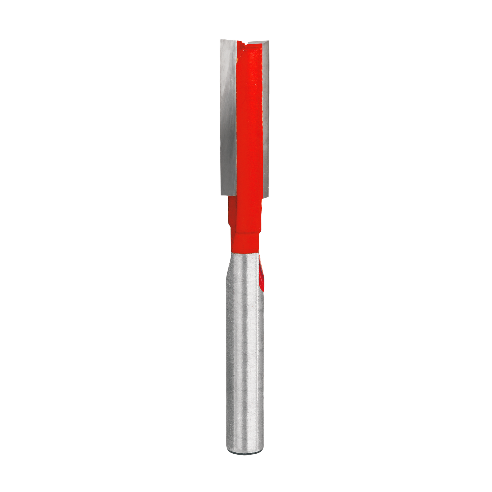 Freud double flute straight router bit with red plastic body and silver metal shaft and cutting head.