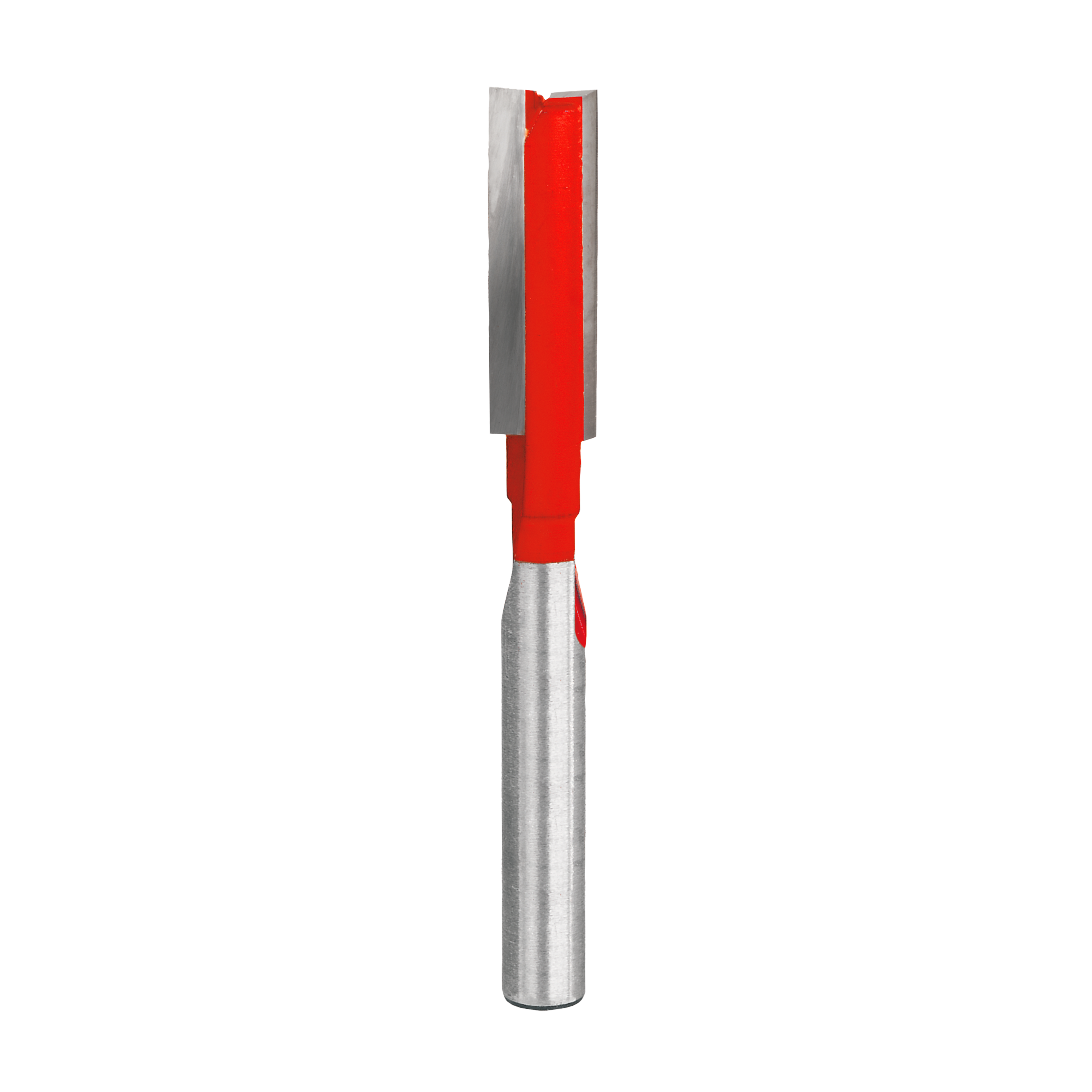 Freud double flute straight router bit with red plastic body and silver metal shaft and cutting head.