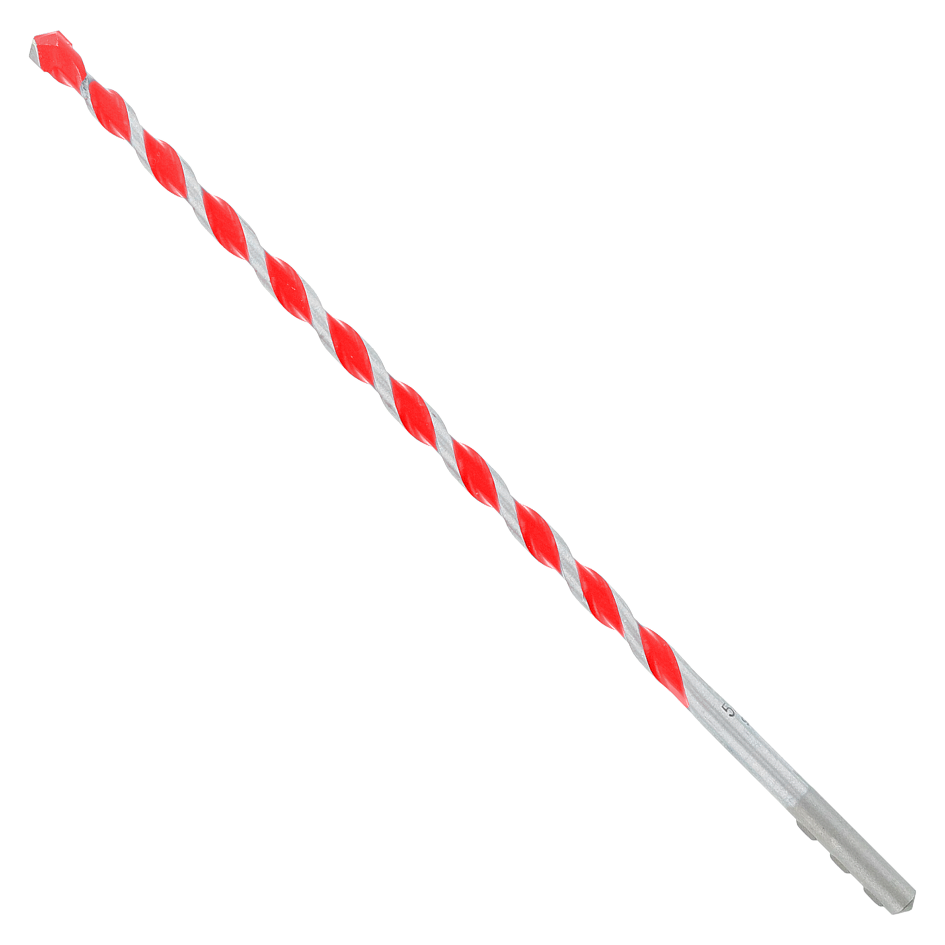 Red and gray carbide tipped hammer drill bit with spiral flutes and cylindrical shank.