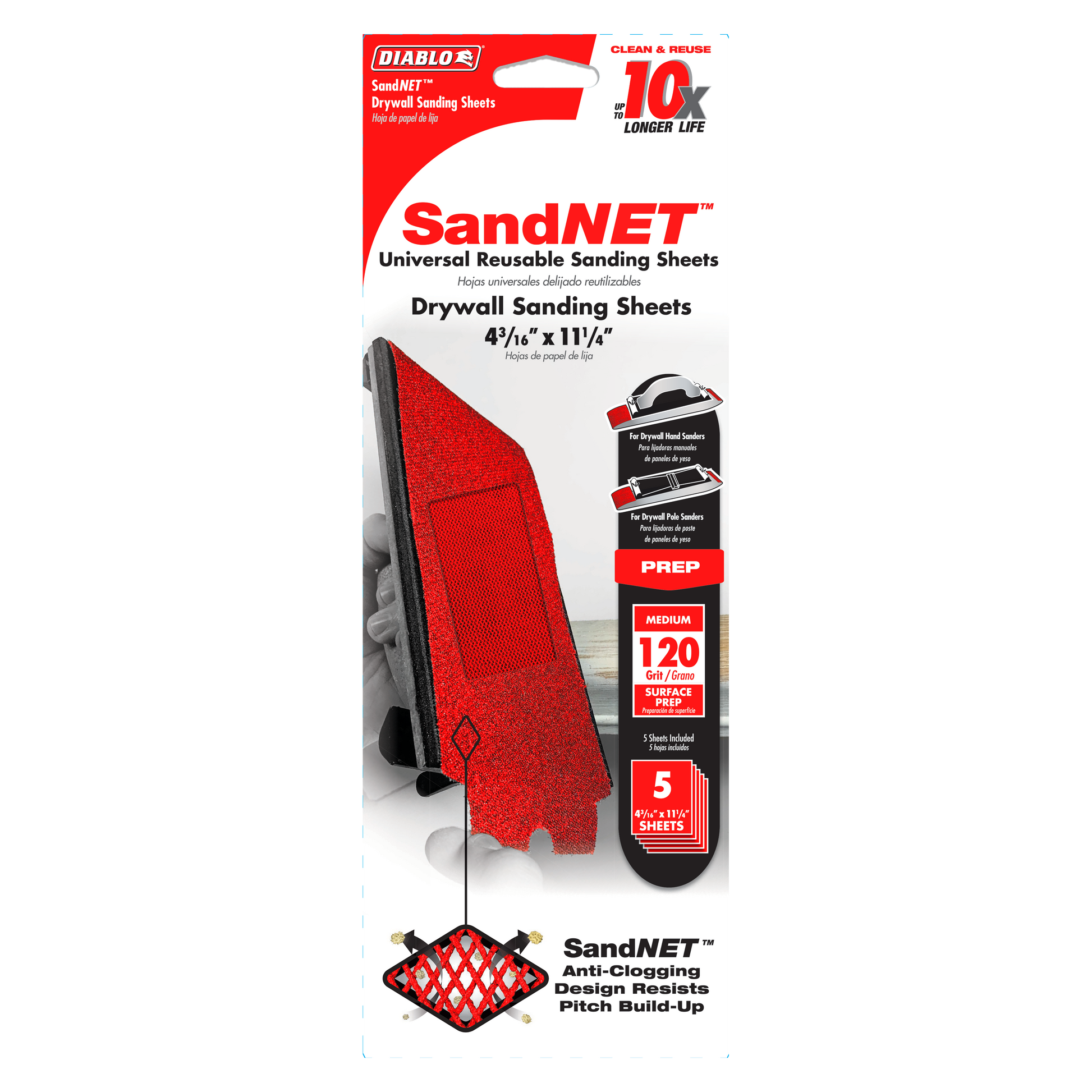 Red Diablo SandNET drywall sanding sheets in 120-grit with anti-clogging design, 4-3/16 by 11-1/4 inches, 5-piece pack.