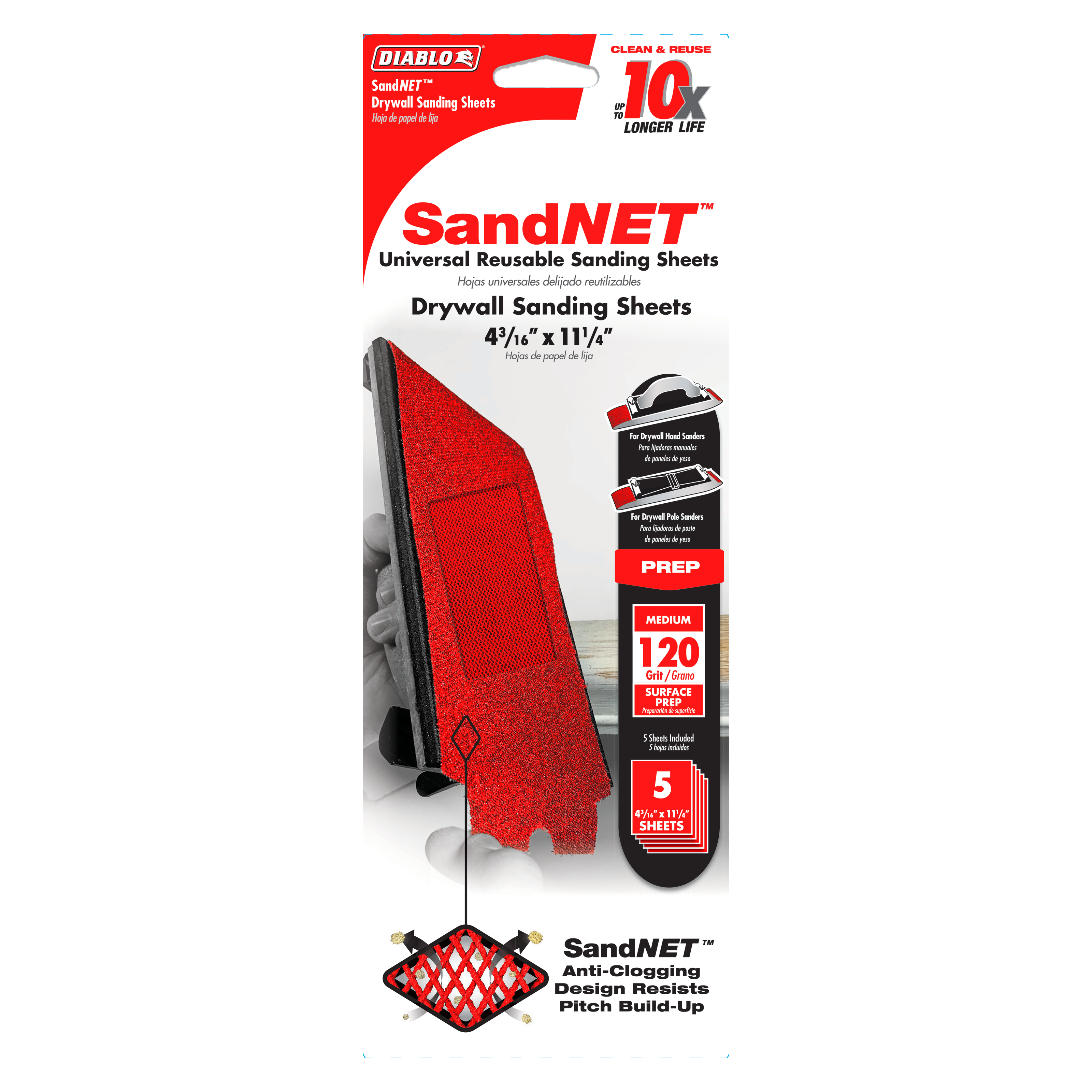 Red Diablo SandNET drywall sanding sheets in 120-grit with anti-clogging design, 4-3/16 by 11-1/4 inches, 5-piece pack.