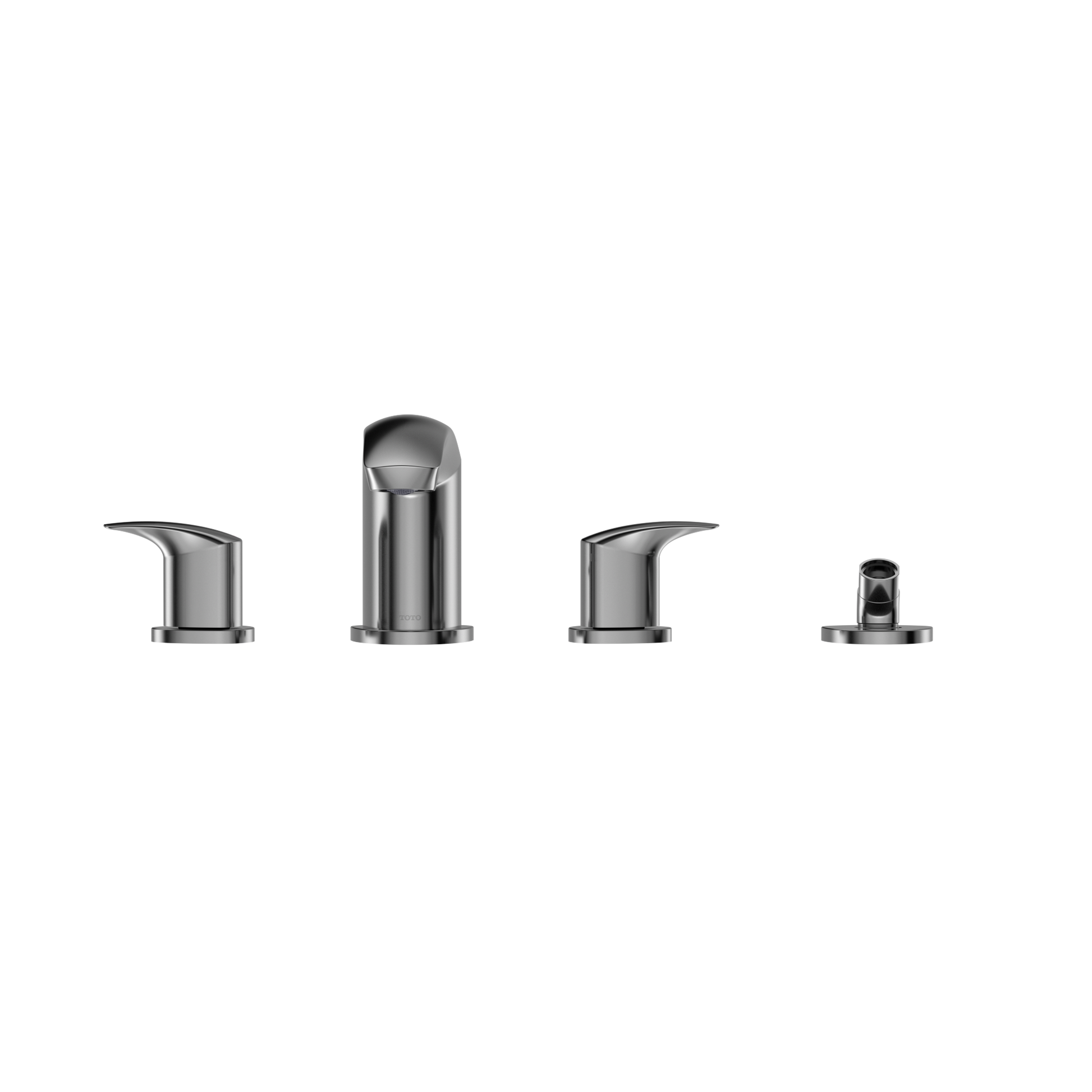 Polished chrome two-handle roman tub filler with central spout and separate handshower component.