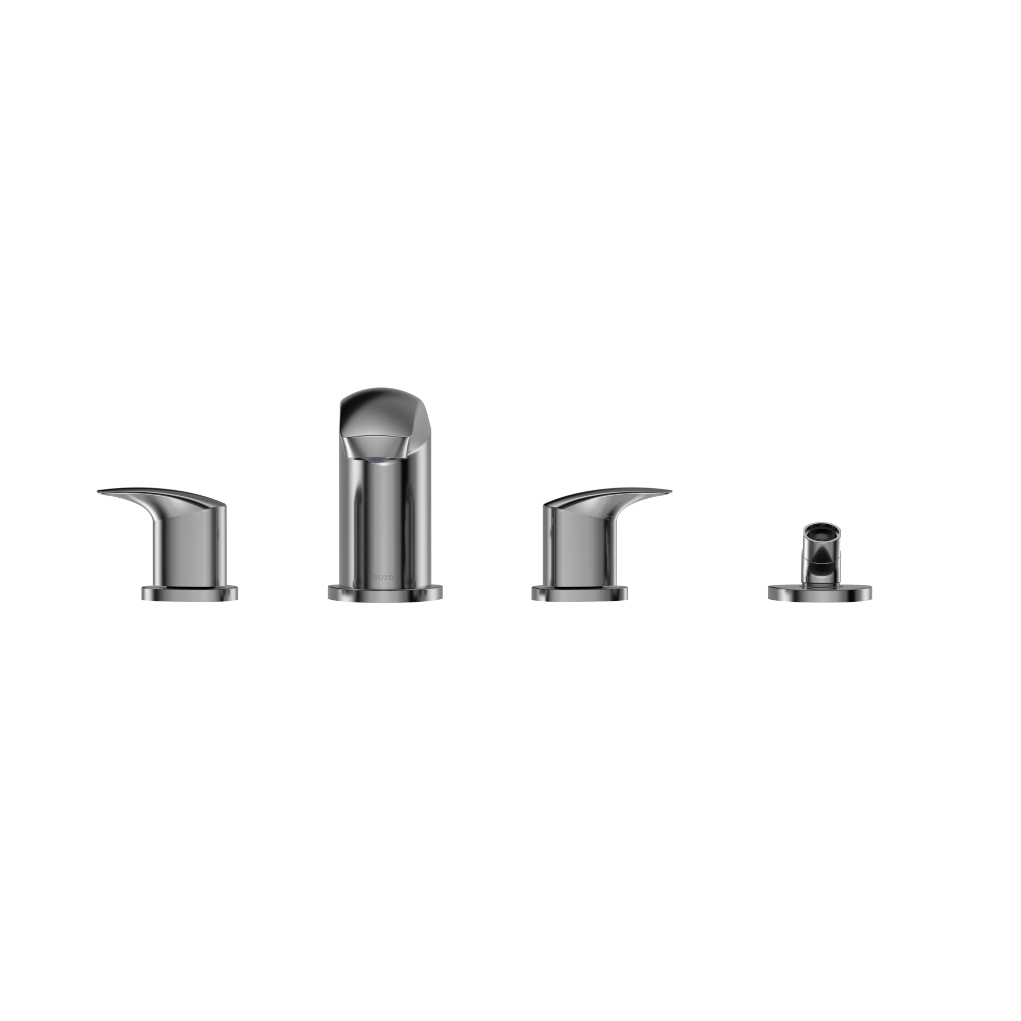 Polished chrome two-handle roman tub filler with central spout and separate handshower component.
