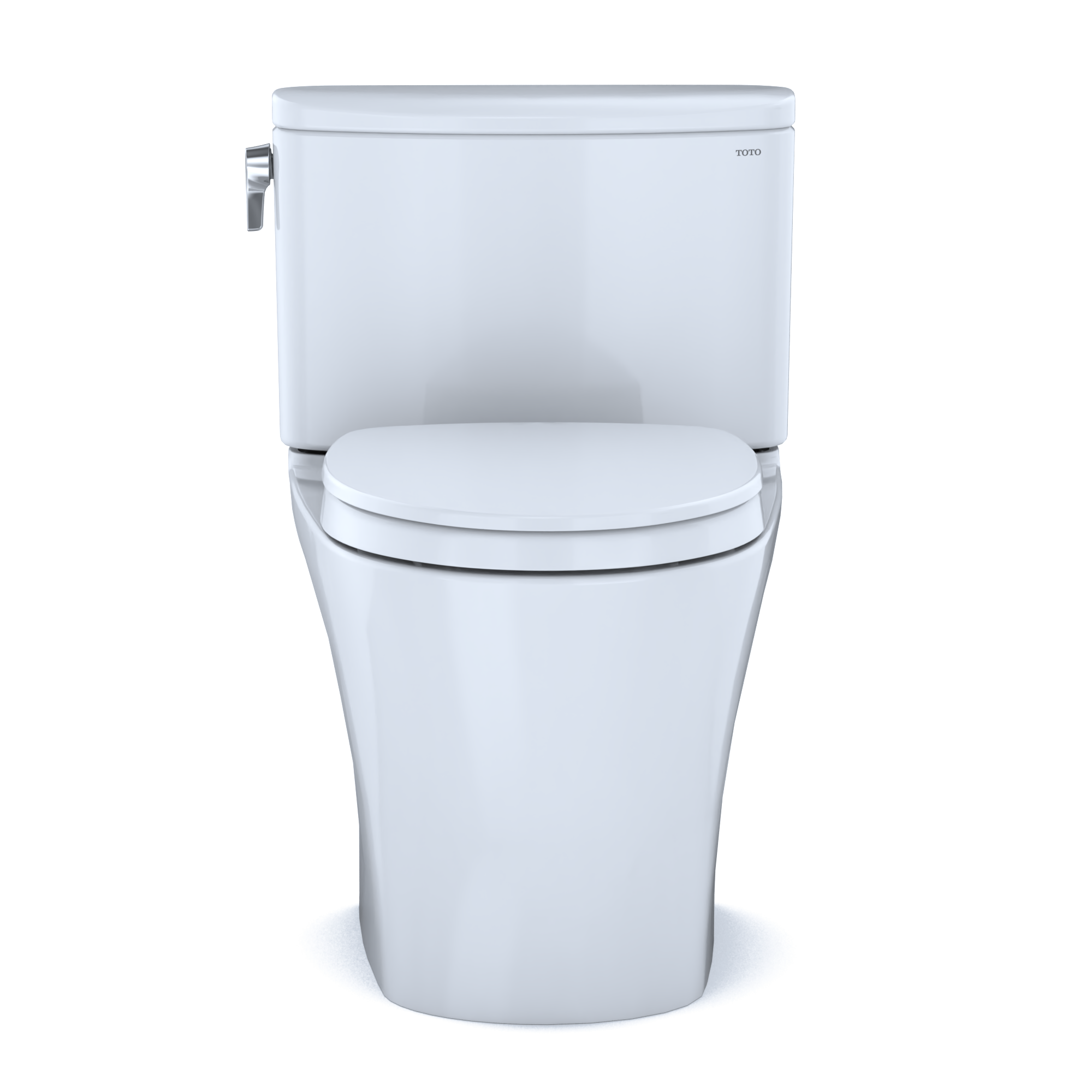 White two-piece elongated toilet with soft-close seat and chrome side lever, shown from front angle.