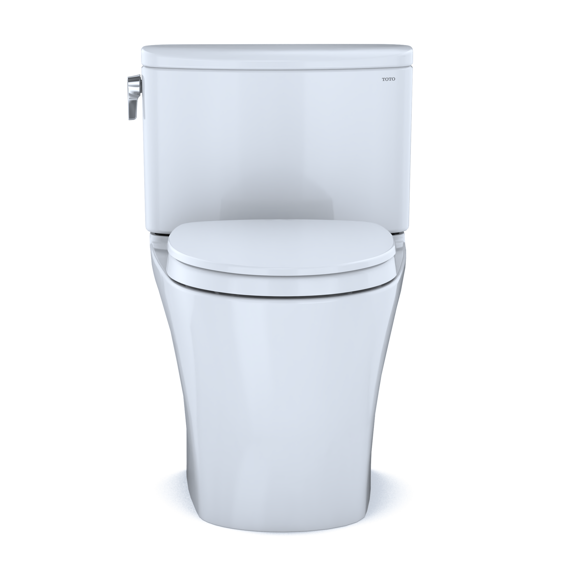 Cotton white two-piece elongated toilet with soft-close seat and chrome side lever handle.
