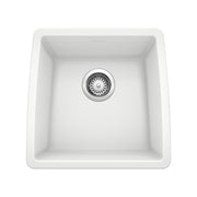 White single bowl undermount kitchen sink with stainless steel drain basket, viewed from above.