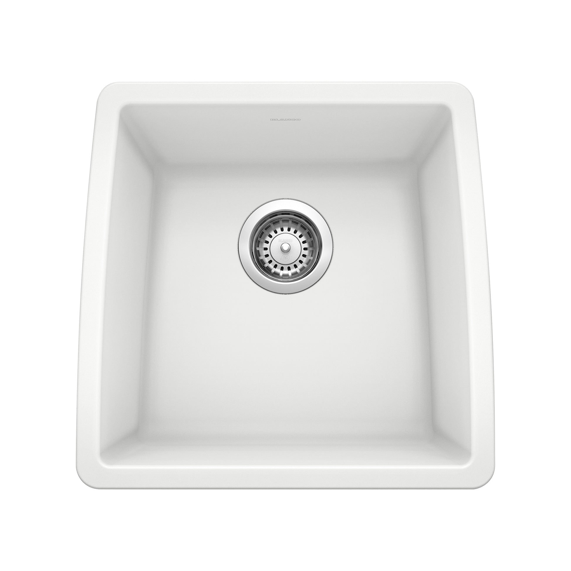 White single bowl undermount kitchen sink with stainless steel drain basket, viewed from above.