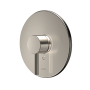 Brushed nickel round shower valve trim with single lever handle and TOTO branding.