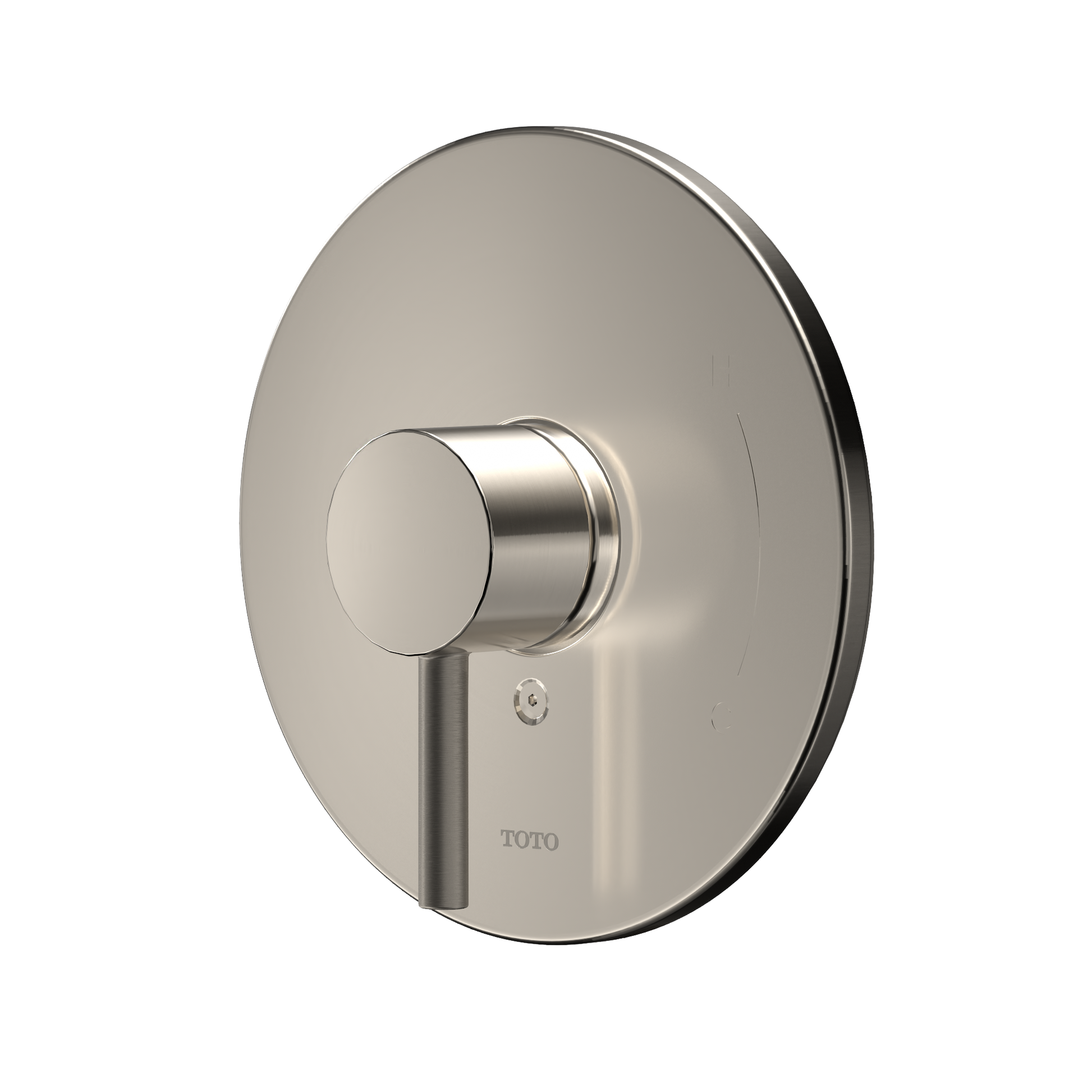 Brushed nickel round shower valve trim with single lever handle and TOTO branding.