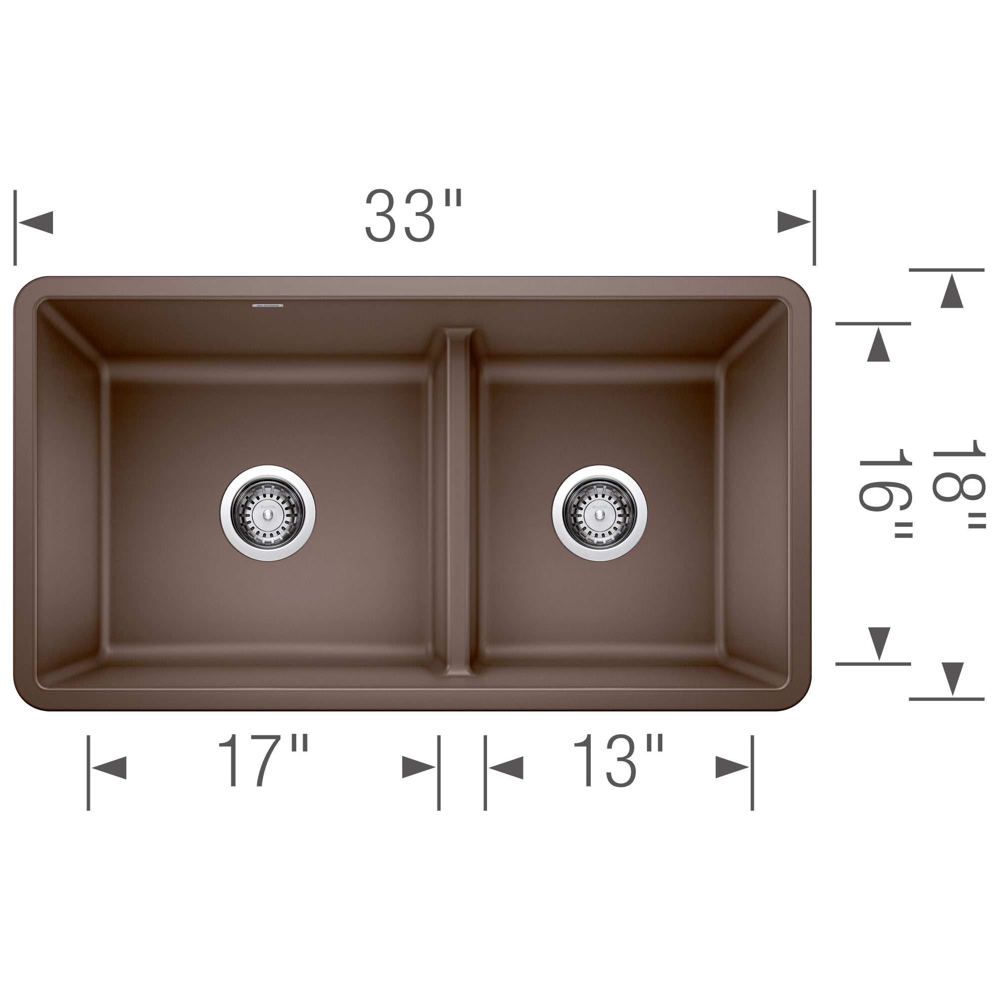 Cafe brown undermount kitchen sink with two basins separated by low divider, chrome drains, 33" width.