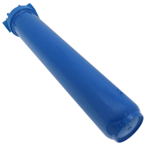 Blue cylindrical water treatment cartridge with threaded connector at one end.
