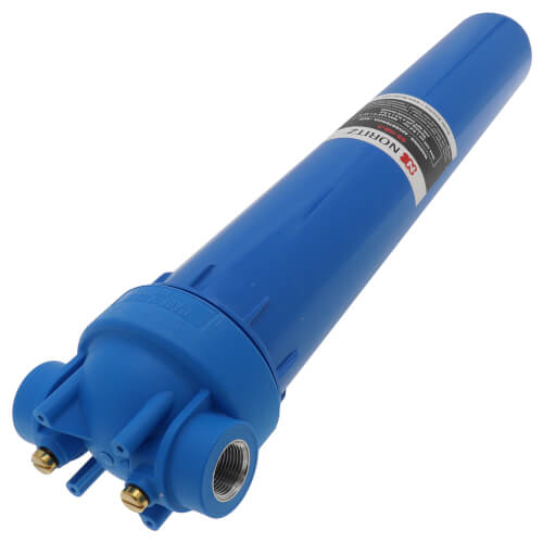 Blue cylindrical water treatment filter with metal band and brass connection ports at base.