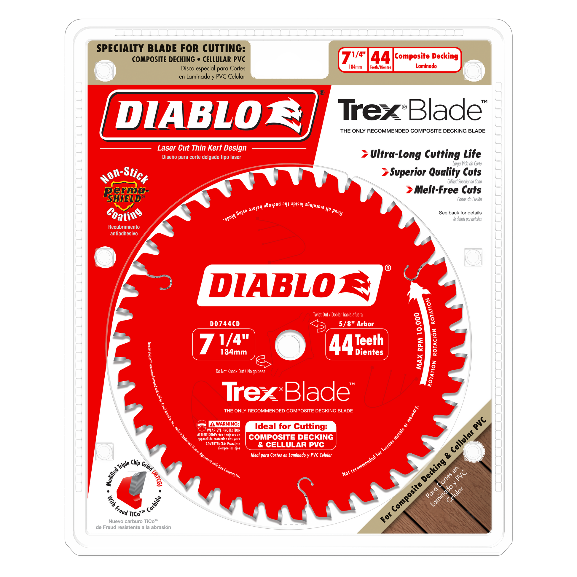 Diablo 7-1/4 inch circular saw blade with 44 teeth on red backing card, designed for composite material and plastic cutting.
