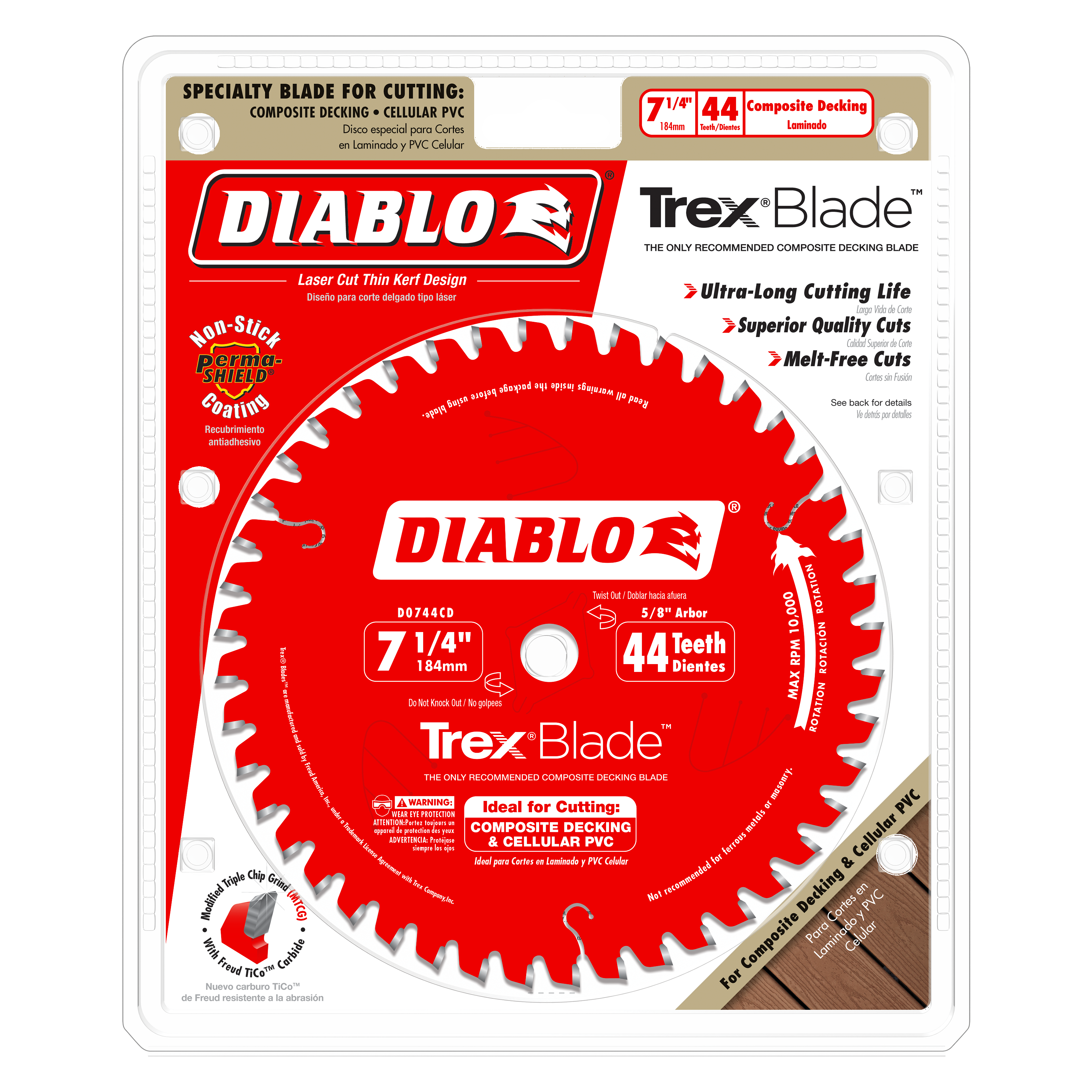 Diablo 7-1/4 inch circular saw blade with 44 teeth on red backing card, designed for composite material and plastic cutting.