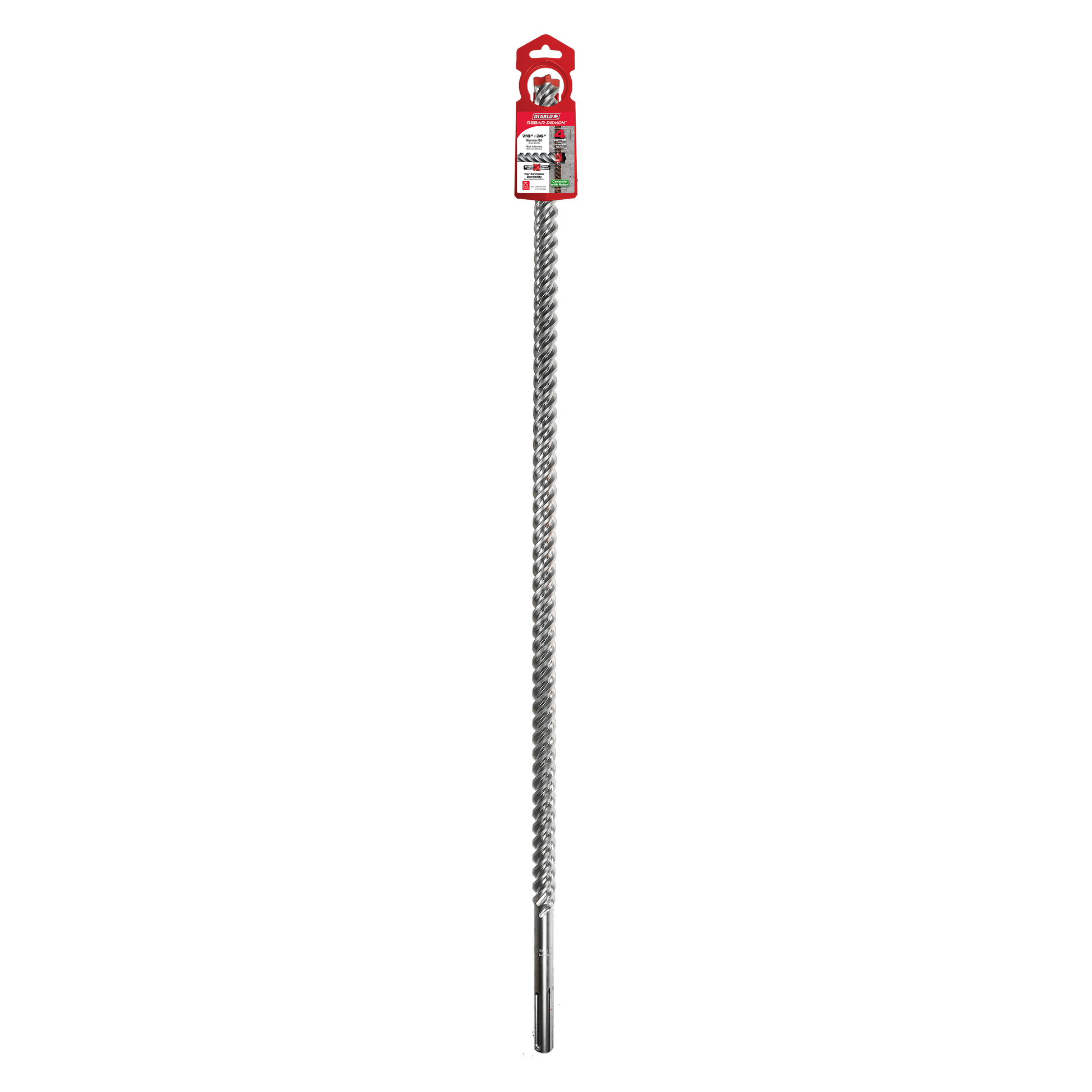 Long SDS-Max hammer drill bit with spiral flutes, red packaging at top, and carbide cutting head at bottom.