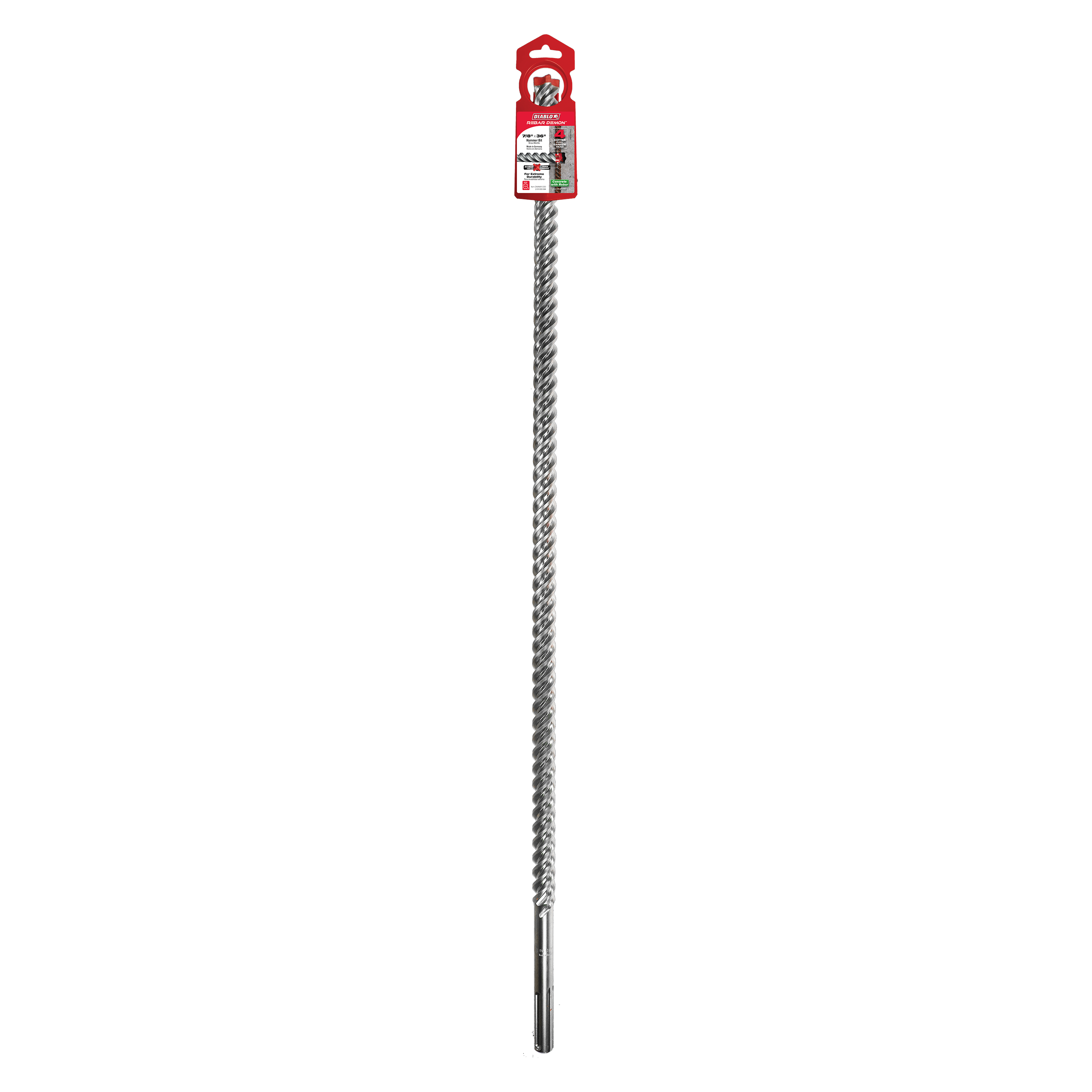 Long SDS-Max hammer drill bit with spiral flutes, red packaging at top, and carbide cutting head at bottom.