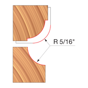 Two router bit profiles shown: top cutter with concave curved edge and bottom cutter with convex curved edge, both marked R 5