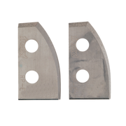 Pair of metal profile knives with curved edges and two mounting holes each.