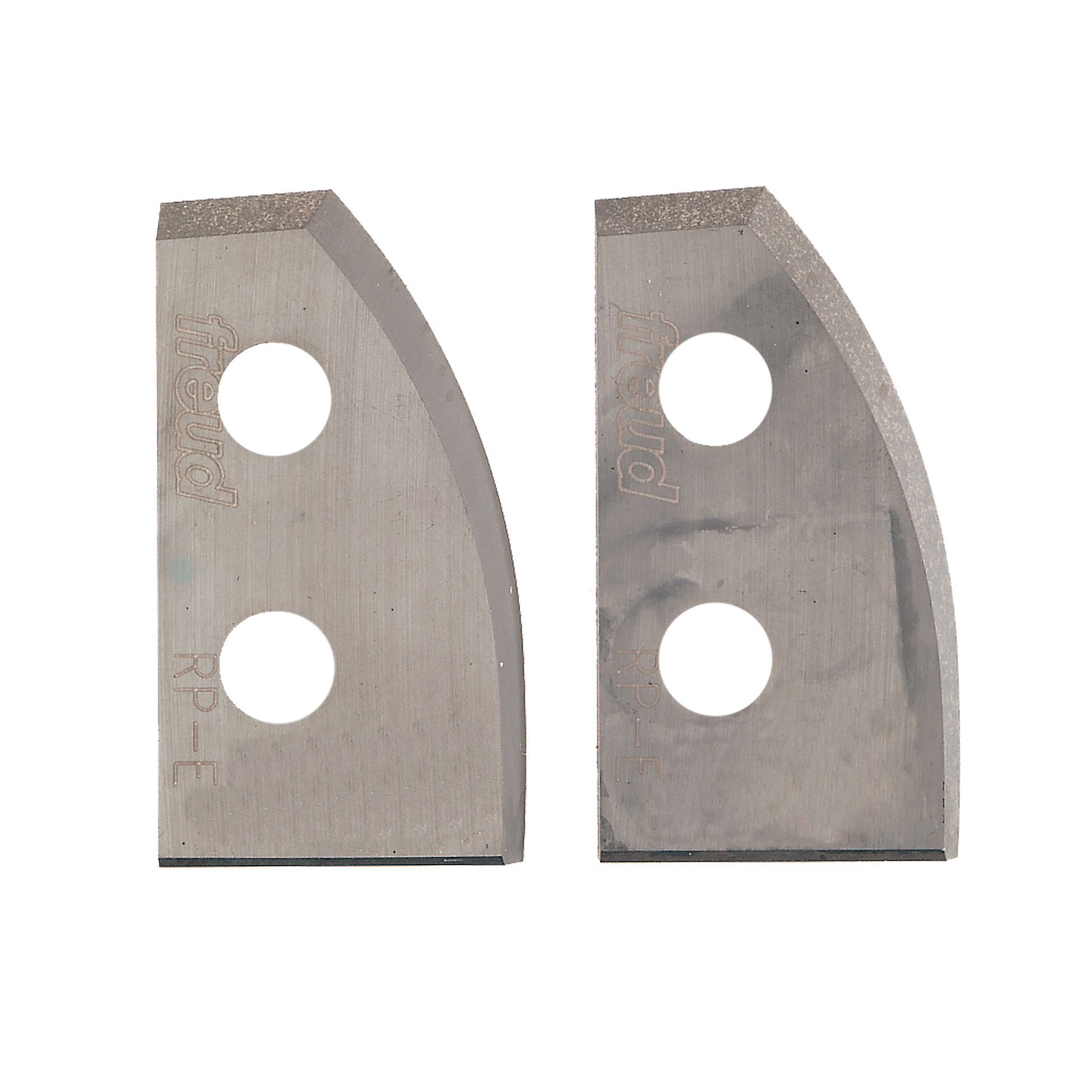 Pair of metal profile knives with curved edges and two mounting holes each.