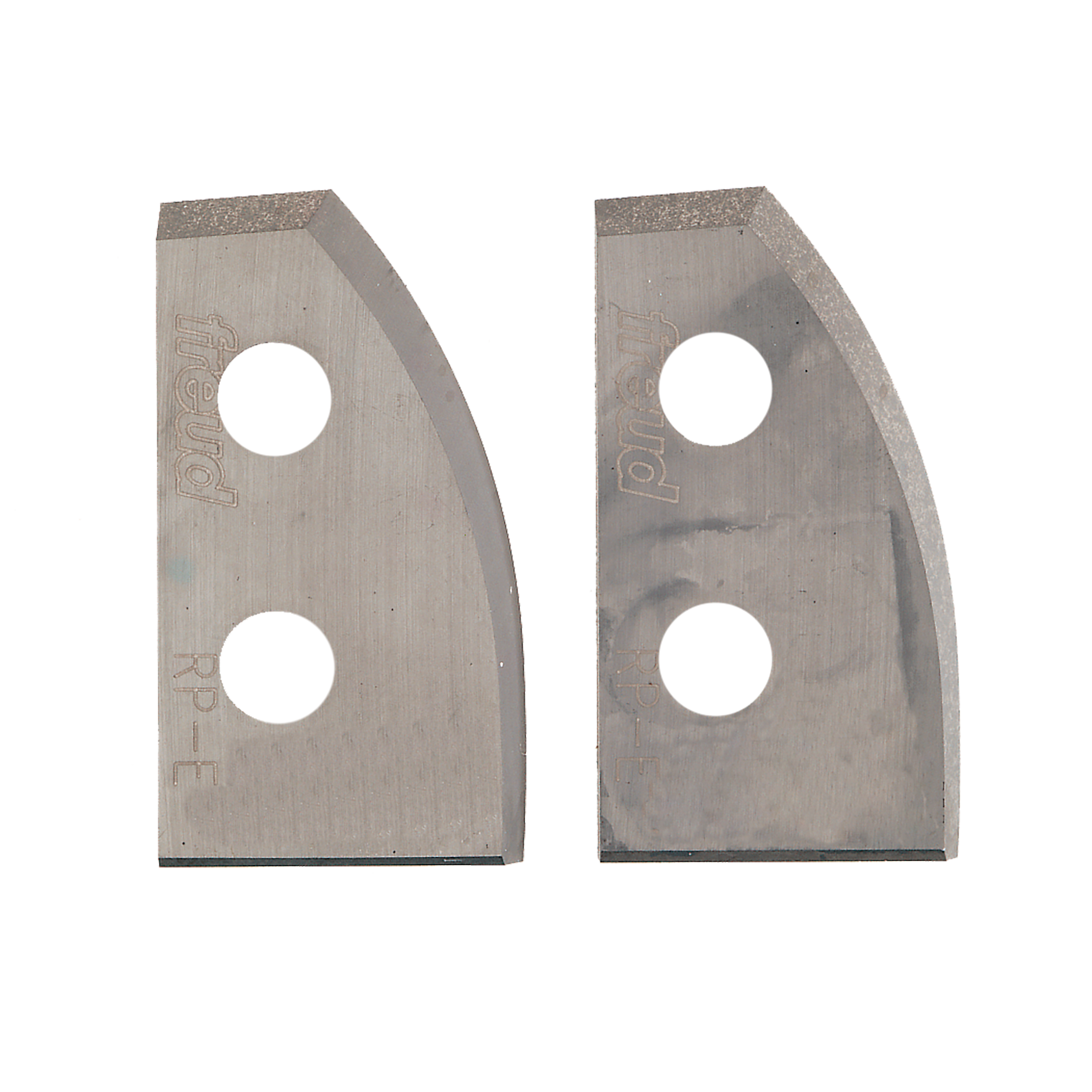 Pair of metal profile knives with curved edges and two mounting holes each.