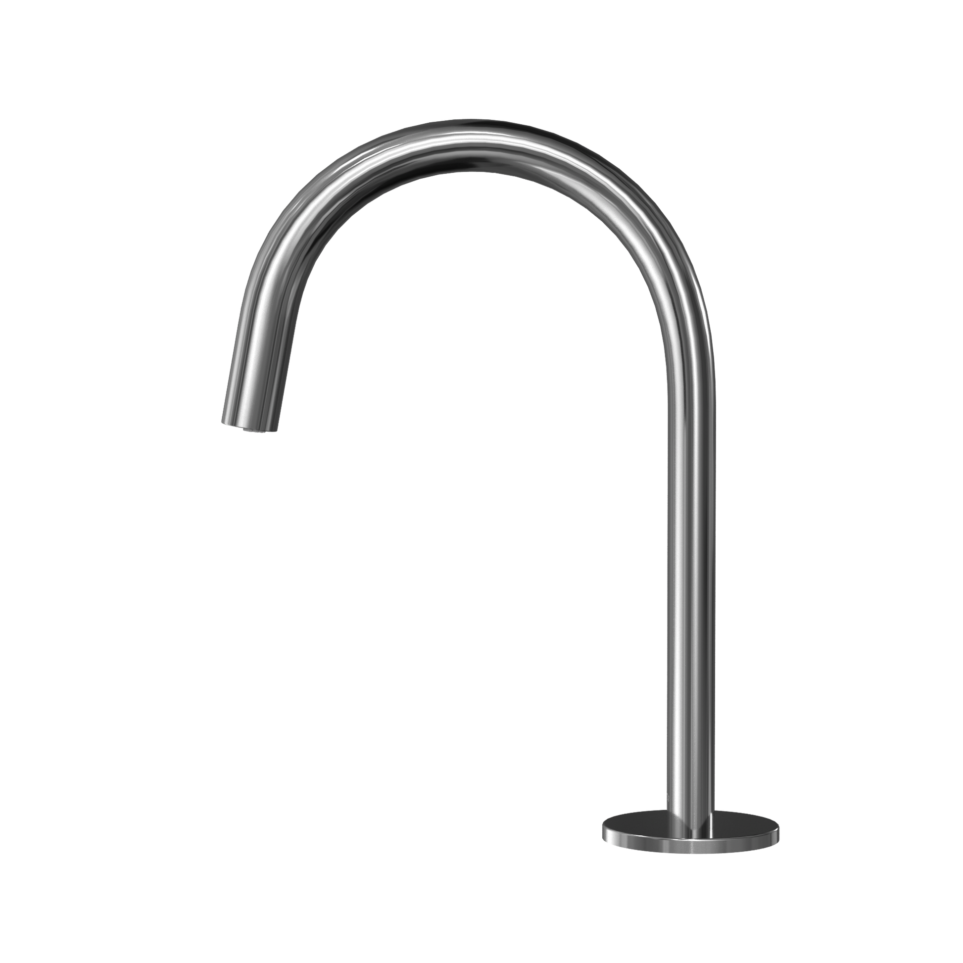 Polished chrome gooseneck bathroom faucet with curved spout and round base mount.