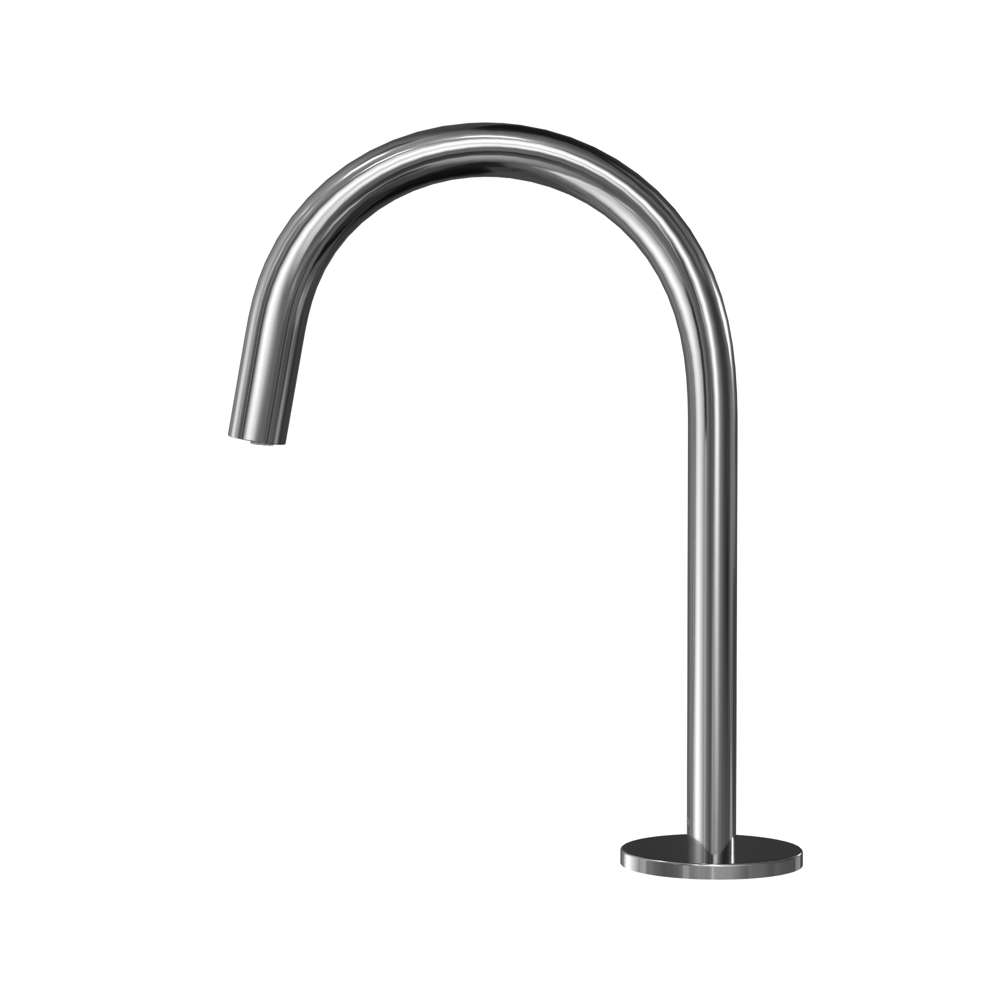 Polished chrome gooseneck bathroom faucet with curved spout and round base mount.