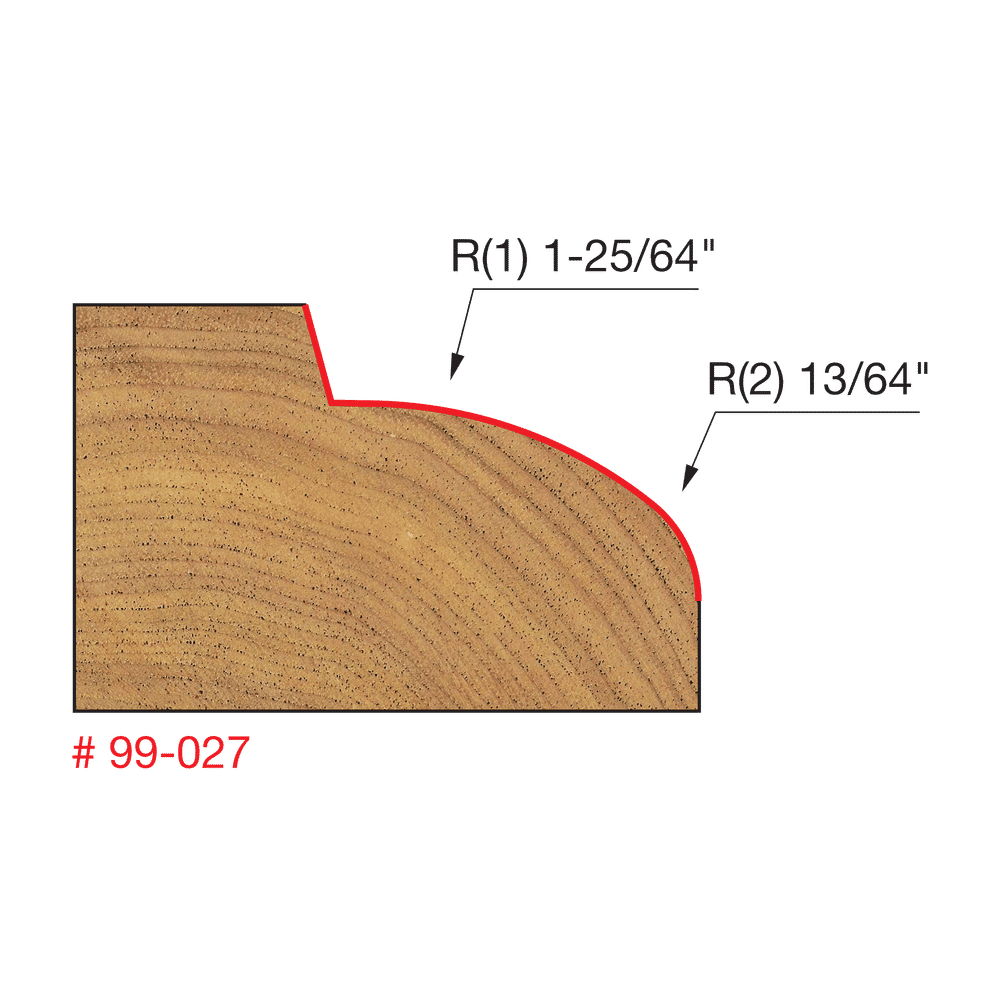 Router bit with curved edge profile shown in cross-section with red cutting edges and dimension callouts.