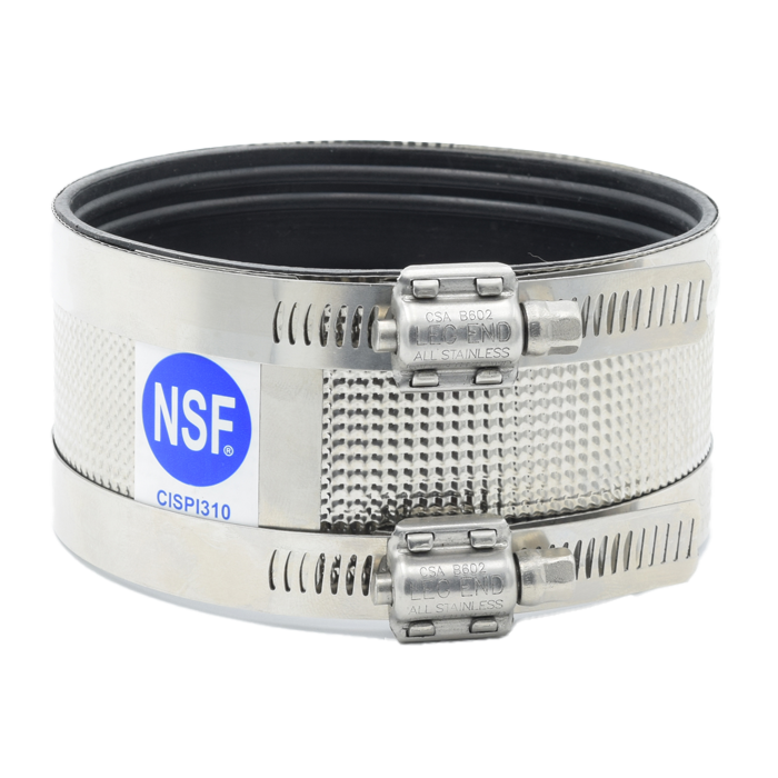 White no hub coupling with stainless steel bands and tightening clamps, NSF and CISPI310 certification marks visible.