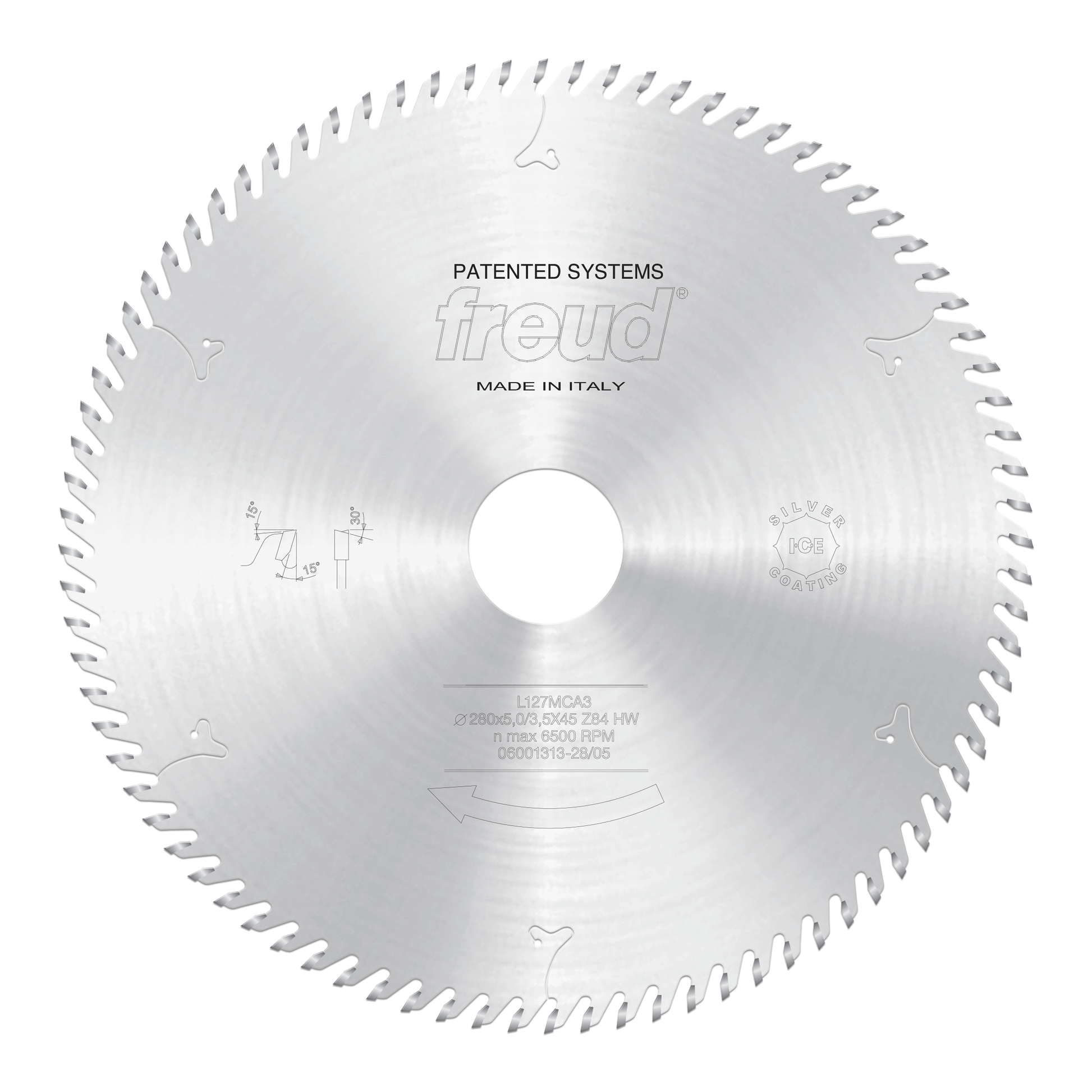 Freud circular saw blade with scoring teeth around perimeter, central bore, and engraved specifications.