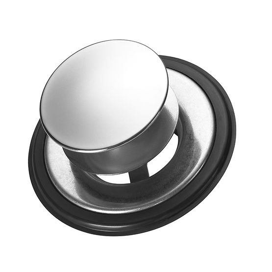 Silver sink stopper with black rubber ring and metal post for InSinkErator disposal units.