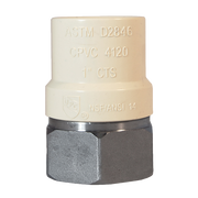 Stainless steel transition fitting with cream-colored CPVC threaded end and dark metal female end, marked ASTM D2846 and 1" C