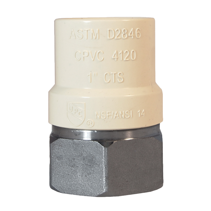 Stainless steel transition fitting with cream-colored CPVC threaded end and dark metal female end, marked ASTM D2846 and 1" C