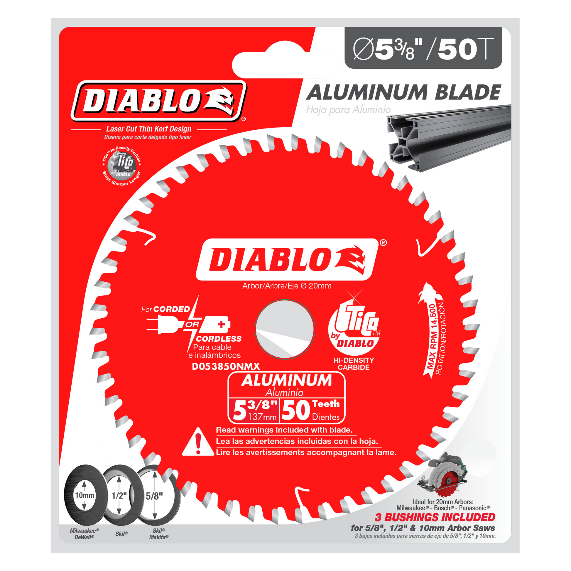 Diablo 5-3/8 inch diameter circular saw blade with 50 teeth and white carbide tips on red backing.