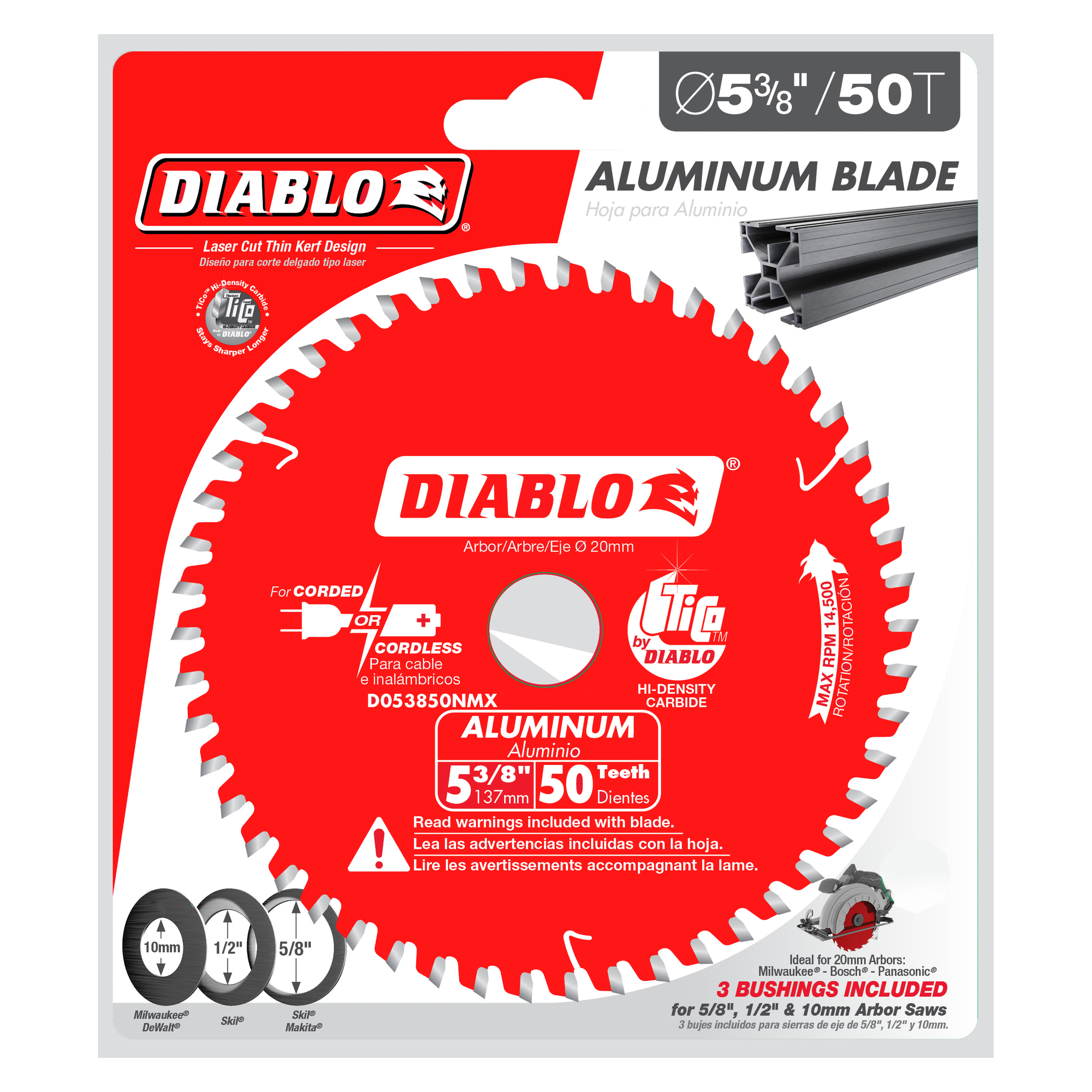 Diablo 5-3/8 inch diameter circular saw blade with 50 teeth and white carbide tips on red backing.