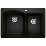 Coal black double bowl kitchen sink with chrome drain strainers and single faucet hole.