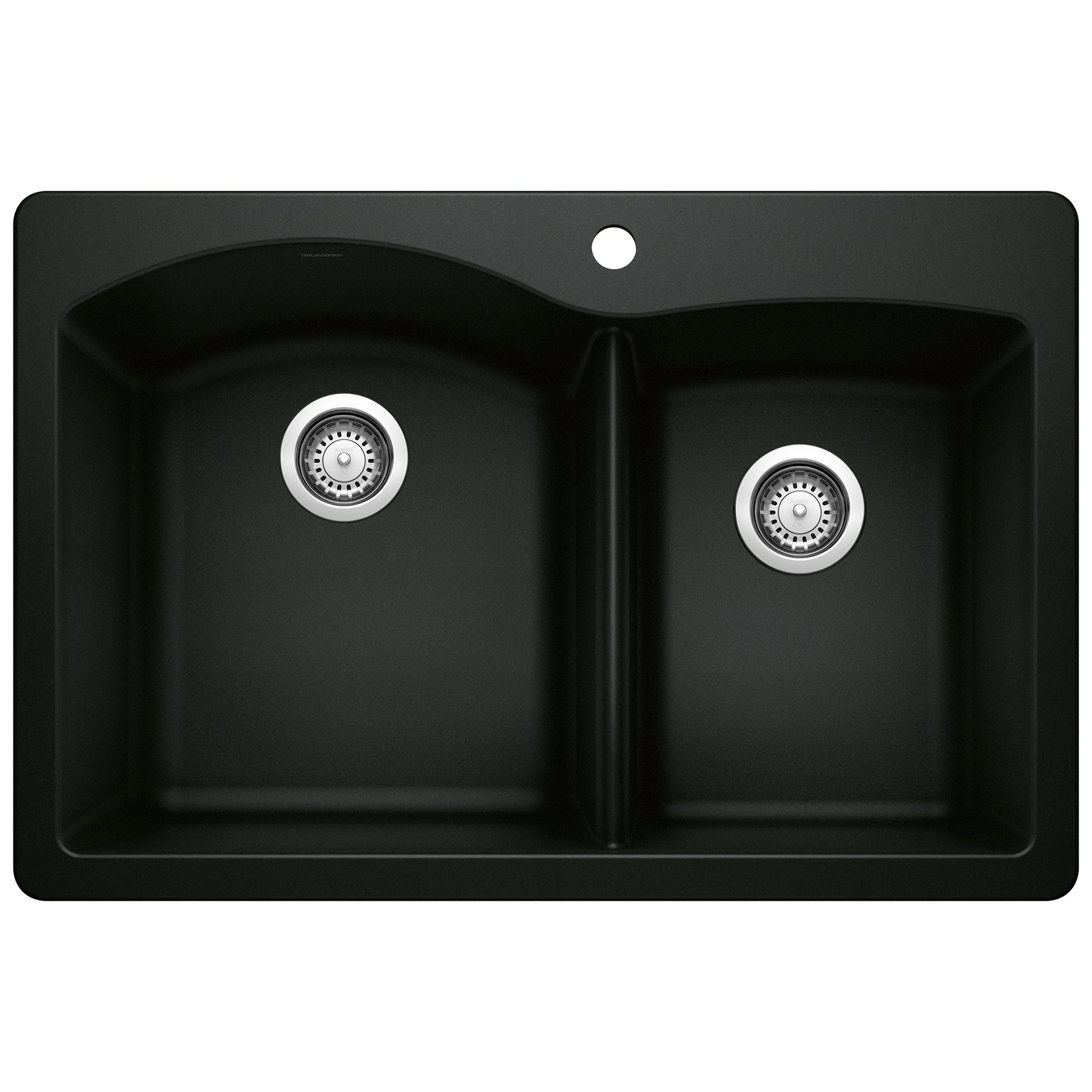 Coal black double bowl kitchen sink with chrome drain strainers and single faucet hole.