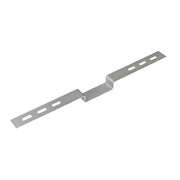 Stainless steel linear drain component with elongated slots and angled mounting bracket.
