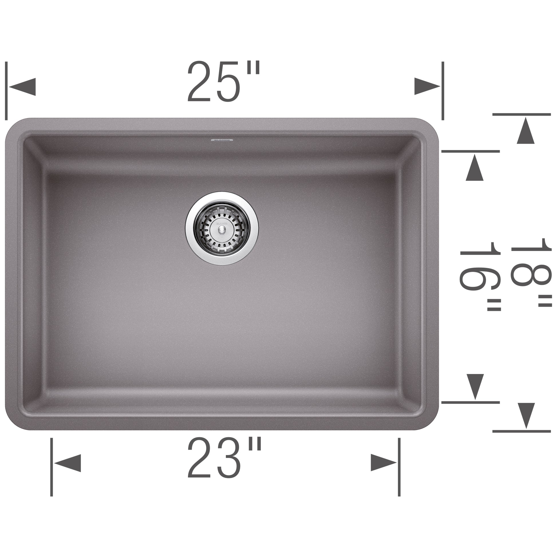 Metallic gray single undermount kitchen sink with rounded corners and chrome drain strainer, 25" width.