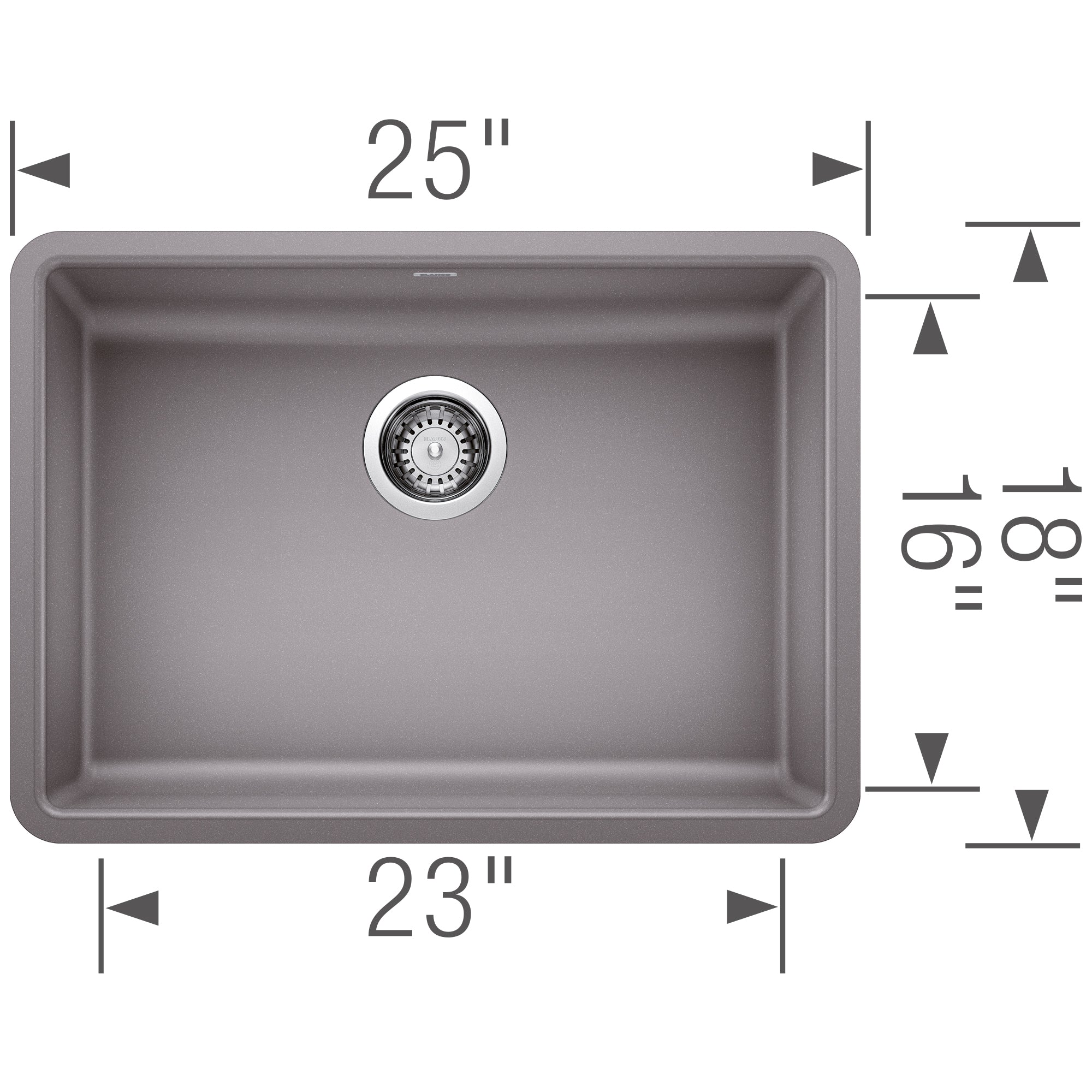 Metallic gray single undermount kitchen sink with rounded corners and chrome drain strainer, 25" width.