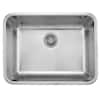 Single bowl stainless steel sink with rounded corners and drain hole, viewed from above.