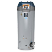 Tall gray and blue commercial gas water heater tank with digital control panel and brass fittings.