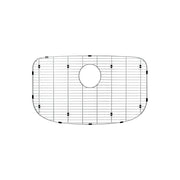 Stainless steel sink grid with horizontal and vertical wires, center drain hole, and black rubber feet.