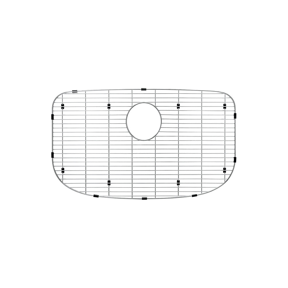 Stainless steel sink grid with horizontal and vertical wires, center drain hole, and black rubber feet.