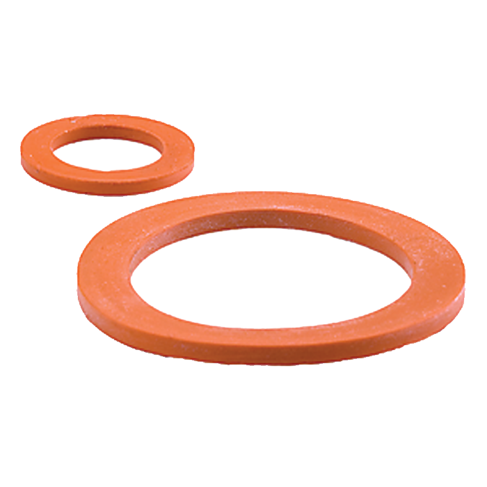 Two orange rubber dielectric steam gaskets in different sizes with oval centers.